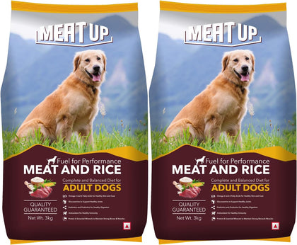 Meat Up Dry Dog Food, Meat And Rice, 6 Kg( 2 x 3 Kg)| High Protein & Fibre, Omega 3 & 6 For Healthy Skin & Coat, Strong Bones & Joint Health, Builds Immunity