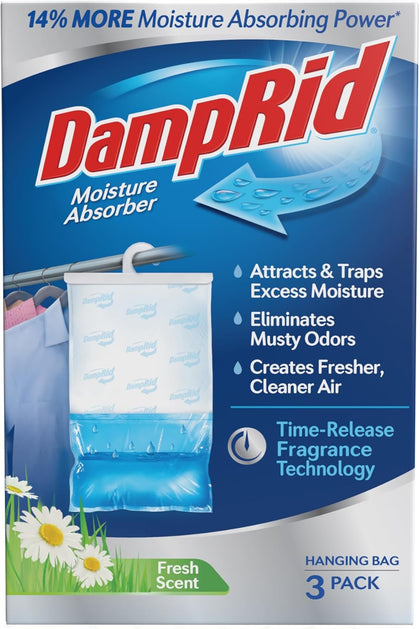 DampRid Fresh Scent Hanging Moisture Absorber, 16 oz., 3 Pack - Eliminates Musty Odors for Fresher, Cleaner Air, Ideal for Closet, 14% More Moisture Absorbing Power*- Blue