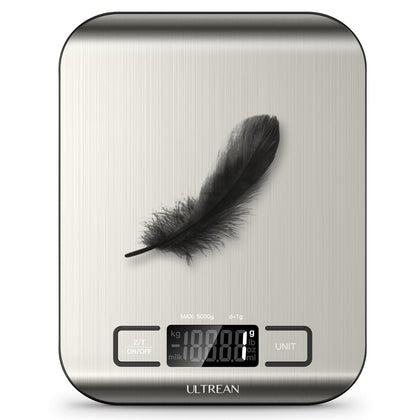 Digital Food Scale, High Precision Kitchen Scale, Measures in Grams and Ounces for Cooking and Baking, 5 Units with Tare Function, Stainless Surface (Batteries Included) - Silver