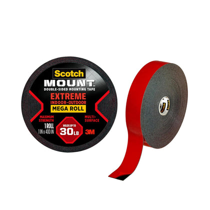 Scotch Mount Extreme Tape Mega Roll 1 in x 400 in. (25.4mm x 10.16m), 1 roll/pack | 1.5 m Holds up 13.6 kg | Black color | Higher Adhesion | Multi-Surface | No Tools | Double Sided Adhesive Tape
