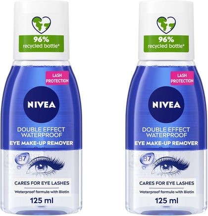 NIVEA Double Effect Eye Makeup Remover, Gentle Waterproof Mascara Remover with Cornflower Extract, Non-Greasy Bi-Phase Formula, 2x125ml