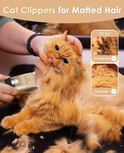 oneisall Cat Clippers for Matted Fur, Cordless Low Noise Cat Grooming Clippers for Long Hair, 2-Speed Hair Trimmer for Cats Animals (Gold)