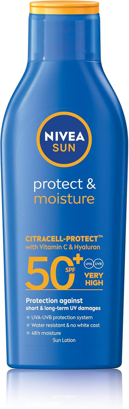 NIVEA SUN Lotion, Protect & Moisture, SPF 50+, Very High and Immediate UVA & UVB Protection, 48H Moisture, Water Resistant, Skin Microbiome Balance, 200ml