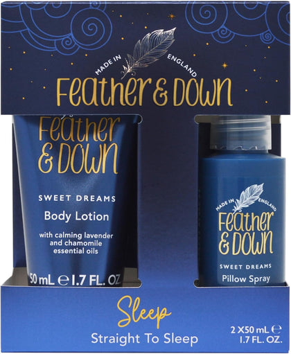Feather & Down Straight to Sleep Gift Set (50ml Pillow Spray & 50ml Body Lotion) - The perfect sleep duo, infused with lavender & chamomile essential oils. Vegan Friendly & Cruelty Free.