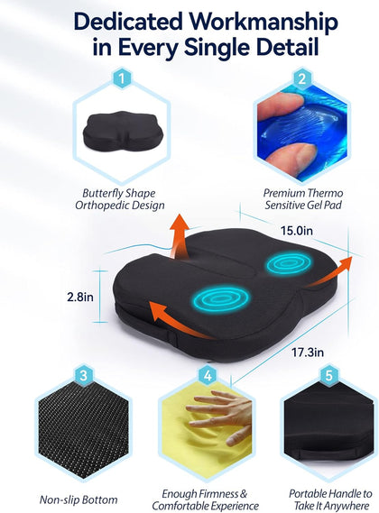 Travel Ease Memory Foam Coccyx Orthopedic Gel Seat Cushion, Seat Cushion for Lower Back Pain and Sciatica Tailbone Pain Relief – Fit for Office Chair, Car Seat, Wheelchair (Black)