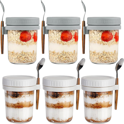 Premify 6-Pack Overnight Oats Jars with Lids & Spoons (3 White, 3 Grey, 350ml) – Reusable Glass Containers with Measurement Marks for Breakfast, Oatmeal, Milk, Cereal, Fruit Storage