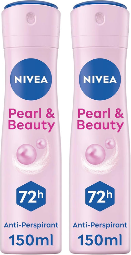 NIVEA Pearl & Beauty Antiperspirant Deodorant Spray for Women, Soft & Smooth, 48H Active Protection, 0% Alcohol, with Pearl Extract and Avocado Oil, 2x150ml, Pack of 2