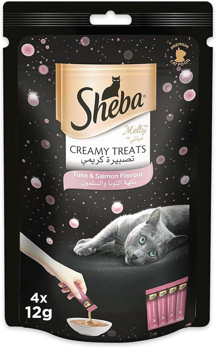 Sheba Cat Food, Melty Tuna & Salmon Flavor Cat Food Wet Creamy Treats, Premium Indulgence, Fed by Hand for a Special Moment so Your Cat Can Find Relish with This Sheba Wet Food Treat, Pack of 4x12g