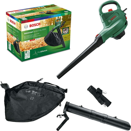 Bosch Electric Leaf Blower and Vacuum UniversalGardenTidy 3000 (3000 W, collection bag 50 l, variable speed, for blowing, vacuuming and shredding leaves, in carton packaging)