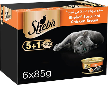 Sheba Cat Food Succulent Chicken Breast Can, from Natural Chicken Plus Essential Vitamins and Minerals, this Sheba Wet Food is Made with a Grain Free Formula Suitable for Sensitive Cats, Pack of 6x85g