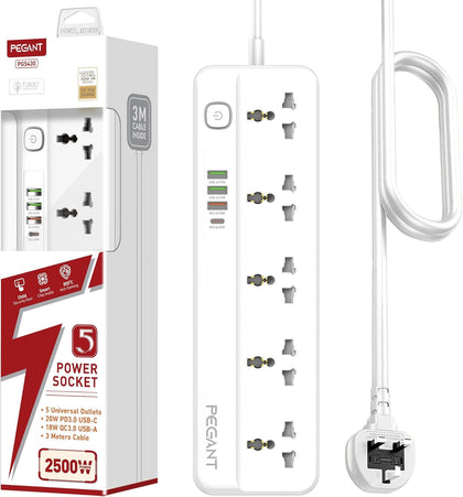 PEGANT 5 Way Power Extension Cord with USB, 1x 20W USB-C PD, 3x USB-A QC Fast Charging Ports, 5x Universal Electrical Outlet Lead Sockets, Multi Plug Charging Surge Protector Strip, 3M Cable