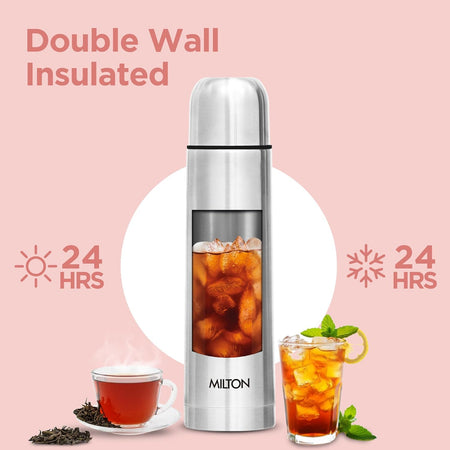 Flip Lid 1000 Thermosteel 24 Hours Hot and Cold Water Bottle with Bag, 1 Litre, Silver