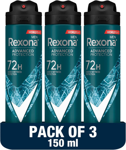 REXONA Men Advanced Protection Antiperspirant Deodorant Spray, 72 hour sweat & odor protection, Xtra Cool, with MotionSense technology, 150ml x 3