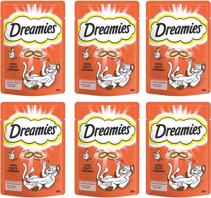 Dreamies Cat Treats with Tasty Chicken, 60g Cat Treats, Crunchy on the Outside, Soft on the Inside Chicken Cat Treat - Pack of 6