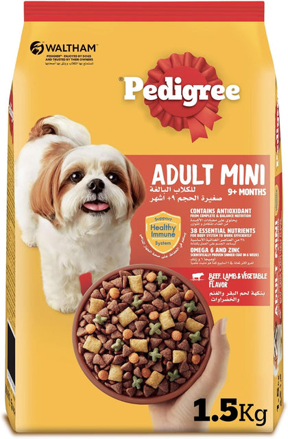 Pedigree Dog Food, Adult Mini, Beef, Lamb & Vegetables Flavour Dog Food Dry, 1.5Kg, Complete & Balanced Dog Dry Food For Mini Adult Dogs 9 Months and Up