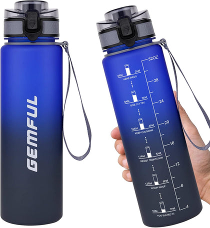 GEMFUL Water Bottle 1L with Straw Time Marker Tritan BPA Free for Fitness Gym Outdoor Sports (Blue/gray)