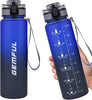GEMFUL Water Bottle 1L with Straw Time Marker Tritan BPA Free for Fitness Gym Outdoor Sports (Blue/gray)
