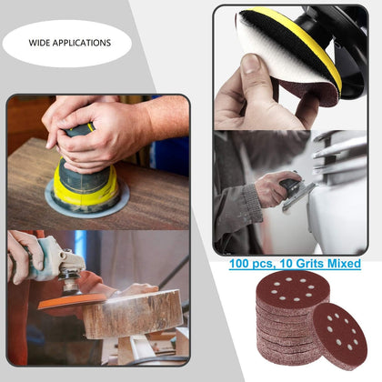 Toowood 100pcs 125mm Sanding Discs, 8-Hole Dustless Hook & Loop Sandpaper, 60-600 Multi-Grit Professional Abrasive Discs for Orbital Sander, Woodworking and Auto Body Refinishing