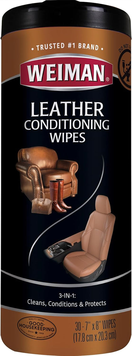 Weiman Leather Cleaner & Conditioner Wipes With UV Protection, Prevent Cracking Or Fading Of Leather Couches, Car Seats, Shoes, Purses - 30 ct