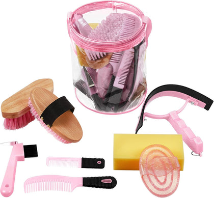 9 Pieces Horse Grooming Kit Tack Room Supplies Set with Organizer Tote Bag, Oval Massage Curry, Hard and Soft Brush, Hoof Pick, Sweat Scraper, Bathing Sponge, Combs for Horse Riders Beginners (Pink)