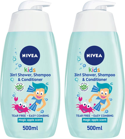 NIVEA Kids 3in1 Shower & Shampoo Bath, Bio Aloe Vera Apple Scent, 2x500ml