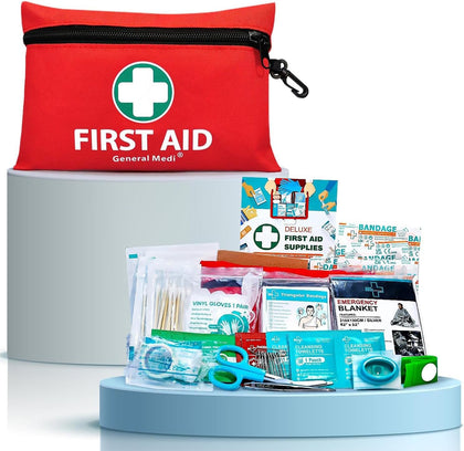 General Medi 110 Pieces Small First Aid Kit - Includes Emergency Foil Blanket, Scissors for Travel, Home, Office, Vehicle, Camping, Workplace & Outdoor (Red)