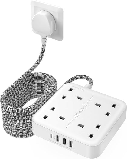 LENCENT Extension Lead with USB C Port, 4 Way Outlets Power Strip with 4 USB Ports (3.4A, 1 Type C and 3 USB-A Ports) Multi Plug Charging Station with 5M Braided Extension cord for Home Office 3250W