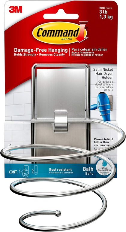 Command Bath Hairdryer Support Silver color, 1HL+2 strips/pack | hold 1.3 kg Hairdryer | Water-Resistant Strips | Organize | Decoration | No Tools | Holds Strongly | Damage-Free Hanging