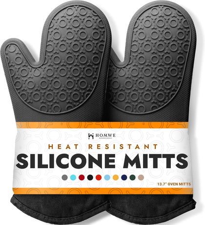 Extra Long Professional Silicone Oven Mitt, Oven Mitts with Quilted Liner, Heat Resistant Pot Holders, Flexible Oven Gloves, 1 Pair (Black, 13.7 inch)