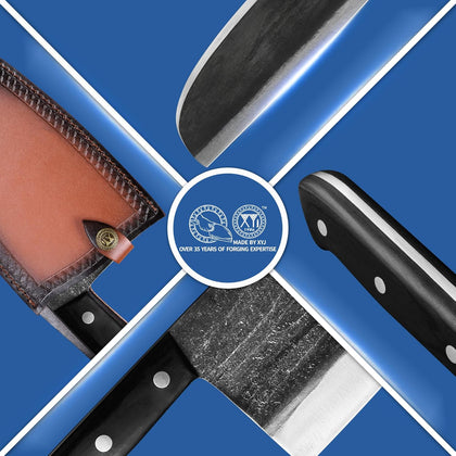 Authentic Since 1986,Outstanding Ancient Forging,6.7 Inch Full Tang,Serbian Chefs Knife,Chef Meat Cleaver,Kitchen Knives,Set with Leather Sheath,Take Carrying,Butcher,High Carbon Glad Steel