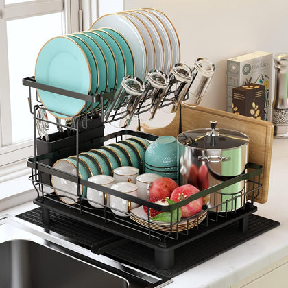 Dish Drainer Rack, 2 Tier Dish Drainer with Drip Tray and Drainer Mat, Stainless Steel Dish Rack with Utensil Holder, Swivel Spout, Draining Board for Kitchen Counter, Black