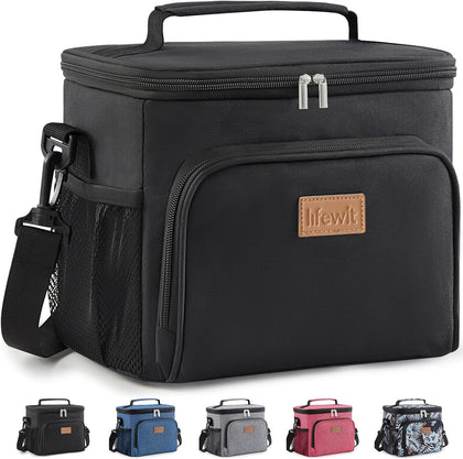 Insulated Lunch Bag for Adults, Thermal Lunch Box Cooler for Men Women, Reusable Leakproof Lunch Tote Food Bag with Adjustable Shoulder Strap for Work/Picnic/Beach, Black 9L