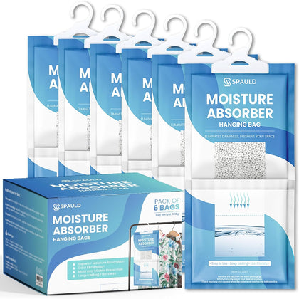 SPAULD Moisture Absorber Bags, Large 230g Each (Pack of 6) Super Absorbing Unscented Hanging Closet Dehumidifier Bags, Eliminates Odors, Humidity Absorber for Closet, Bedrooms, Bathrooms