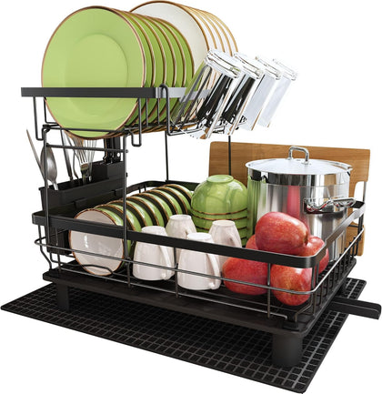 Boosiny 2 Tier Dish Drying Rack, Dish Drying Stand for Counter Kitchen Rack, Stainless Steel Dish Rack with Swivel Drainage Spout, Utensil Holder, Cup Holder, Cutting-Board Holder and Drying Mat