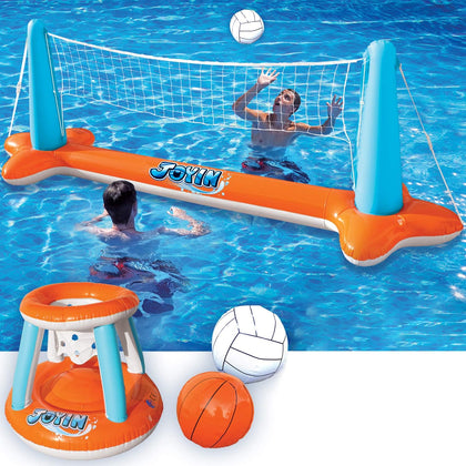 JOYIN Inflatable Pool Float Set Volleyball Net & Basketball Hoops; Balls Included for Kids and Adults Swimming Game Toy, Floating, Summer Floaties, Volleyball Court (105x28x35)|Basketball (27x23x27).