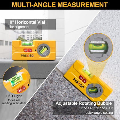 PREXISO 2-in-1 Laser Spirit Level, Mini Torpedo Level with LED Light, Rotatable Magnetic Pocket Leveler & 10 m Laser Leveler Tool for Hanging Picture, Wall Marking Painting, House Decoration