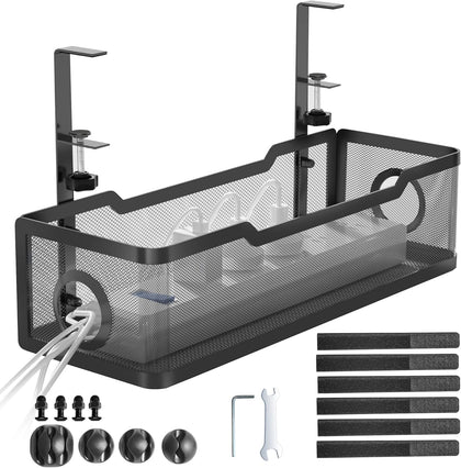 Cinati Under Desk Cable Management Tray Black, Cable Management Under Desk No Drill, Cable Tray with Clamp for Desk Wire Management,Desk Cable Management Box for Office, Home - No Damage to Desk