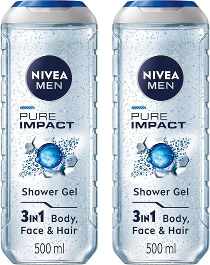 NIVEA MEN Pure Impact 3in1 Shower Gel, Cleans Body, Face and Hair, with Purifying Particles, Deep Cleansing for a Fresh Feeling, for All Skin Types, 2x500ml, Pack of 2