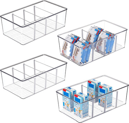 4PCS Clear Plastic Pantry Organizer with Dividers, for Pantry, Kitchen, Refrigerator, Cabinets, Snacks, Pouches