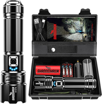 Shadowhawk Flashlight Led USB Rechargeable, 20000 lumens Torch Light XHP70.2, Super Bright Tactical Flashlights, IP67 Waterproof Zoomable, for Outdoor Camping Hiking Emergency(with Battery)