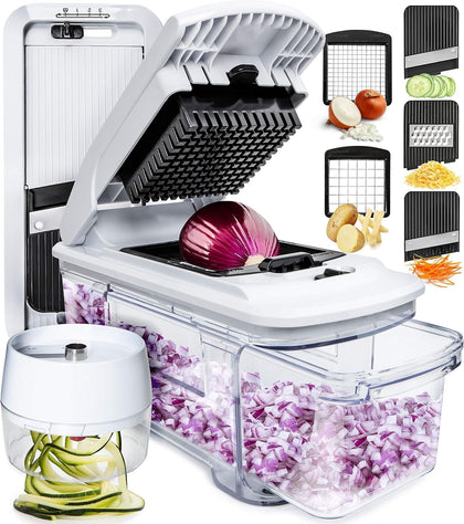 All-in-1 Vegetable Chopper, Mandoline Slicer & Cheese Grater - French Fry Cutter & Veggie Dicer - Cheese Slicer - Includes Bonus Handheld Spiralizer (6 in 1, Black/White)