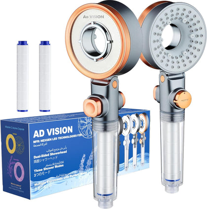 AD-VISION SGS Filtered High Pressure Shower Head | Removes Chlorine, For Hard Water & Hair Loss | 3 Modes with Adj. Flow Pause | Double Sided Micro-Nano Bubble Tech, (Starter Kit - Rose Gold)