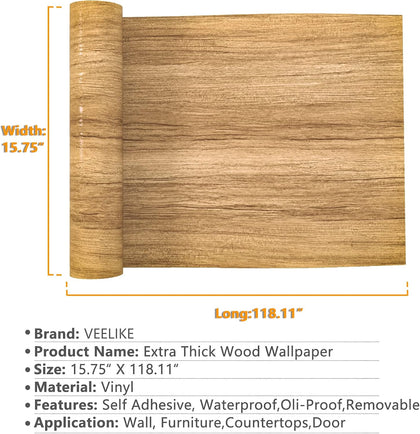VEELIKE 15.7''x118'' Brown Wood Wallpaper Waterproof Peel and Stick Wood Vinyl Film Self Adhesive Removable Wood Grain Contact Paper Decorative Wall Covering for Cabinets Countertops Furniture Bedroom