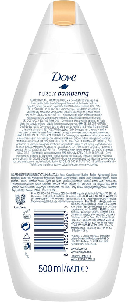 Dove Purely Pampering Body Wash, Shea Butter with Warm, White, Vanilla, 16.9 Oz (Pack of 4)
