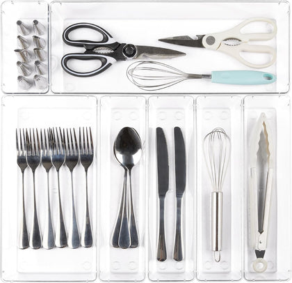 7 PCS Kitchen Drawer Organizer, 4 Size Clear Plastic Utensil Organizer Tray, Silverware Flatware Organizer for Drawer, Storage Bins for Makeup, Bathroom