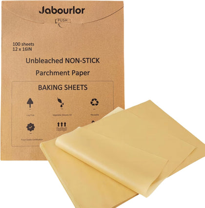 JABOURLOR 30X40cm Unbleached Parchment Paper Sheets – Non-Stick, Non-Toxic Heat Resistant for Family-Sized Baking, Cooking & Grilling & Festive Feasts (100, 12 * 16 IN)