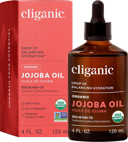 Cliganic Certified Organic Jojoba Oil 120ml | 100% Pure Natural Cold Pressed Unrefined, Hexane Free Carrier Oil | for Hair Face & Nails | Cliganic 90 Days Warranty