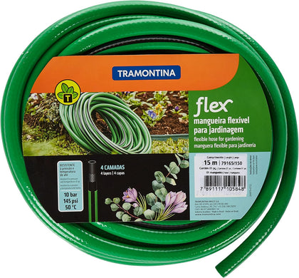 Tramontina 10m Flex Garden Hose in Green with 3-Layers PVC Fiber and Braided Polyester Cord with Thread Connectors and Sprayer