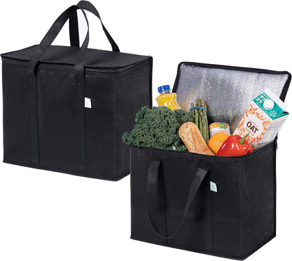 2 Pack Insulated Reusable Grocery Shopping Bag, Food Delivery, Cooler Bag, Heavy Duty, Large Size, Durable Handles, Dual Tab Zips, Lid, Stands Upright, Collapsible, Sustainable (Black, 2 Pack)