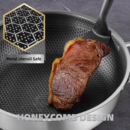 Stainless Steel Saute Pan, Cookware with Lid, 30CM Deep Frying Pan, Nonstick Honeycomb Cooking Pot with Handles, Large Kadai Skillet, Wok Pan Compatible with All Cooktops, Dishwasher Safe